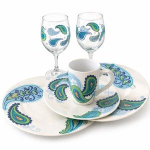 Royal Norfolk Paisley Dinnerware Set | Plates, Mug & Wine Glasses | Blue Green
